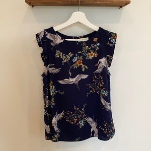 Monteau Navy blouse with bird and floral print